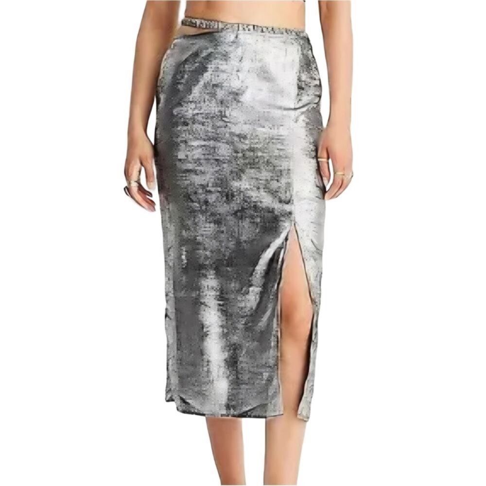 Future Collective‎ Alani Noelle Midi Skirt Size 2 Metallic Silver Side Cut Out
